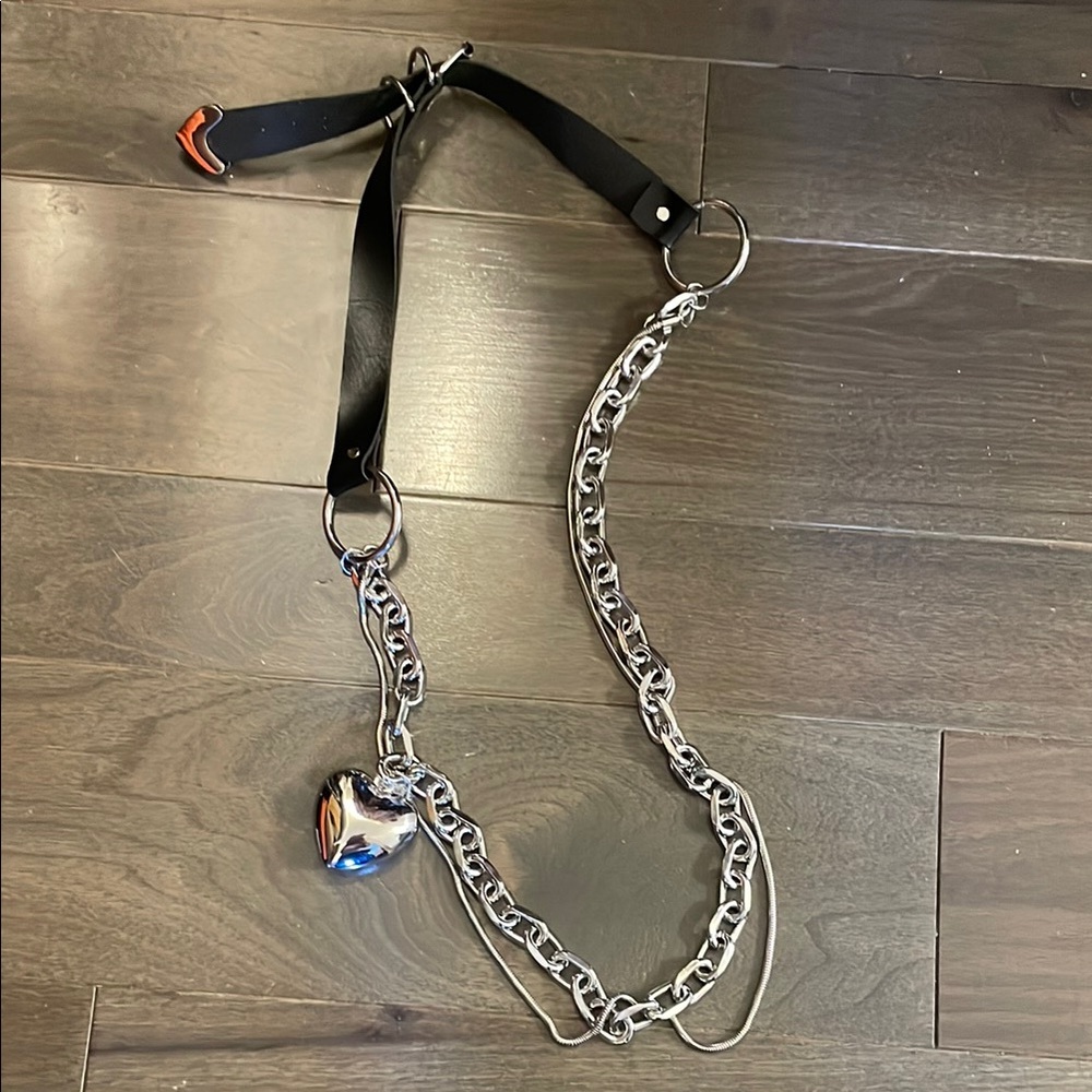 NWOT Edgy Black and Silver Heart Faux Leather Chain Belt